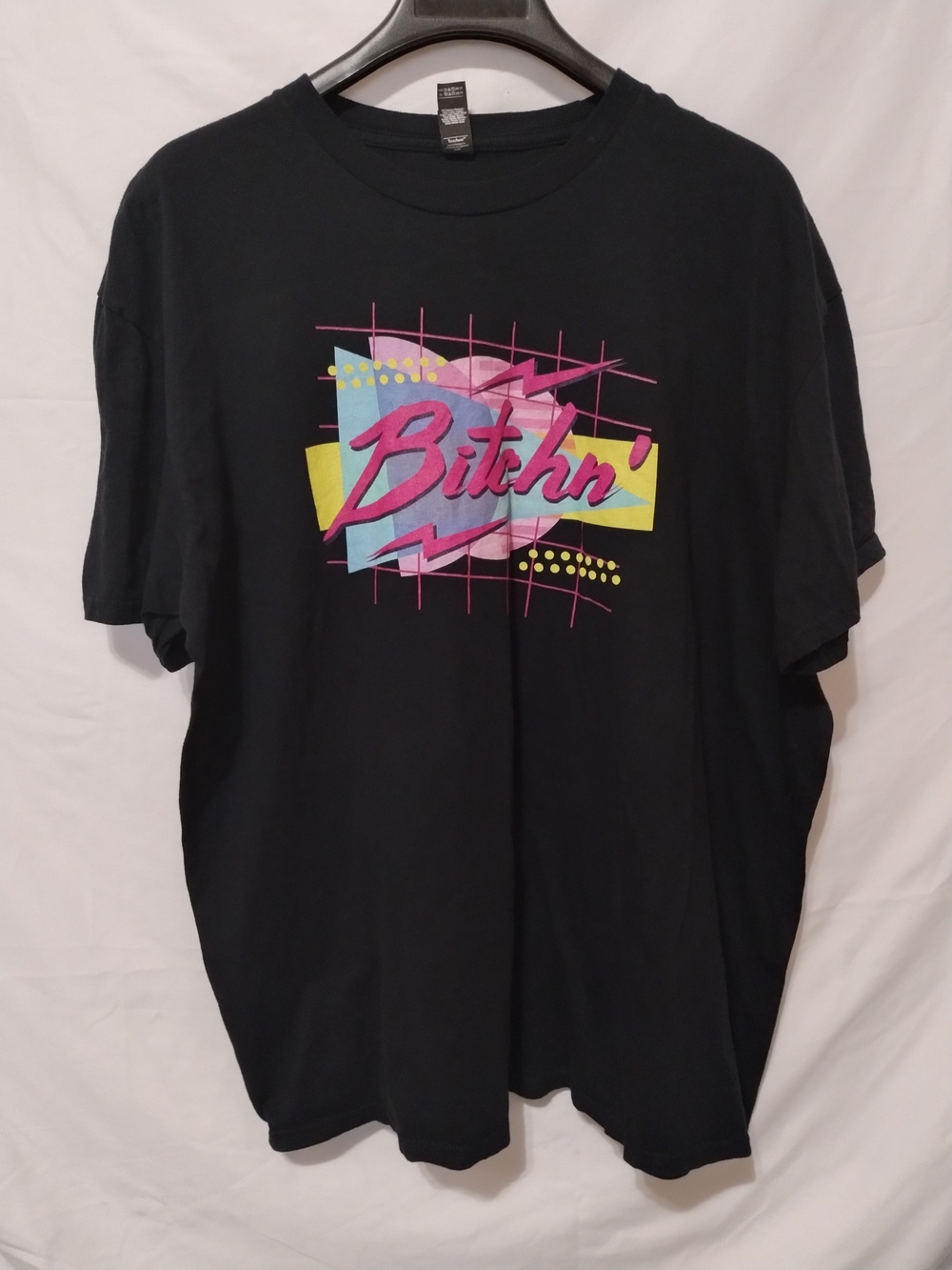 Gildan Black Tee with Retro Pink, Yellow & Blue Graphic